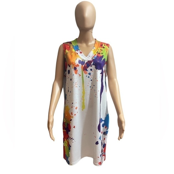 Chicme Cotton Blend V Neck Dress Colorful Paint Splatter XL - Picture 1 of 10